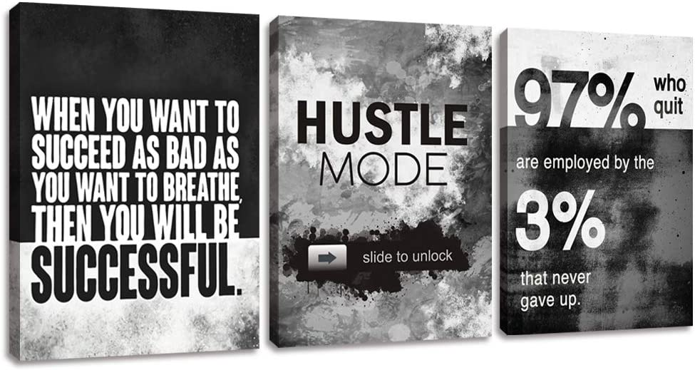 EAVUTY Wall Art Motivational Posters Inspirational Wall Decor Motivational Canvas Wall Art Success Hustle Poster Entrepreneur Quote 3 Pieces Painting Prints Artwork for Home Decor Wooden Framed(36”Wx16”H)