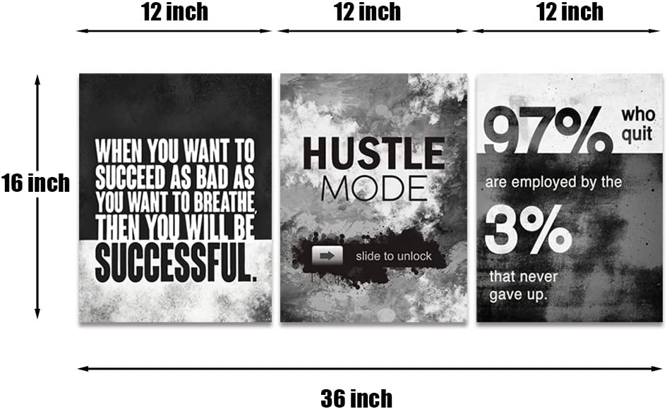 EAVUTY Wall Art Motivational Posters Inspirational Wall Decor Motivational Canvas Wall Art Success Hustle Poster Entrepreneur Quote 3 Pieces Painting Prints Artwork for Home Decor Wooden Framed(36”Wx16”H)